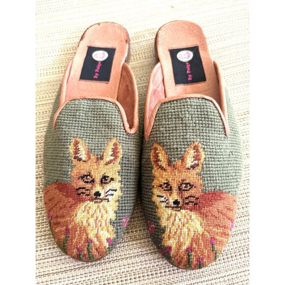 By Paige Fox On Sage Needlepoint Loafers Slip On Mules Shoes Never Worn  Size M - Picture 1 of 10
